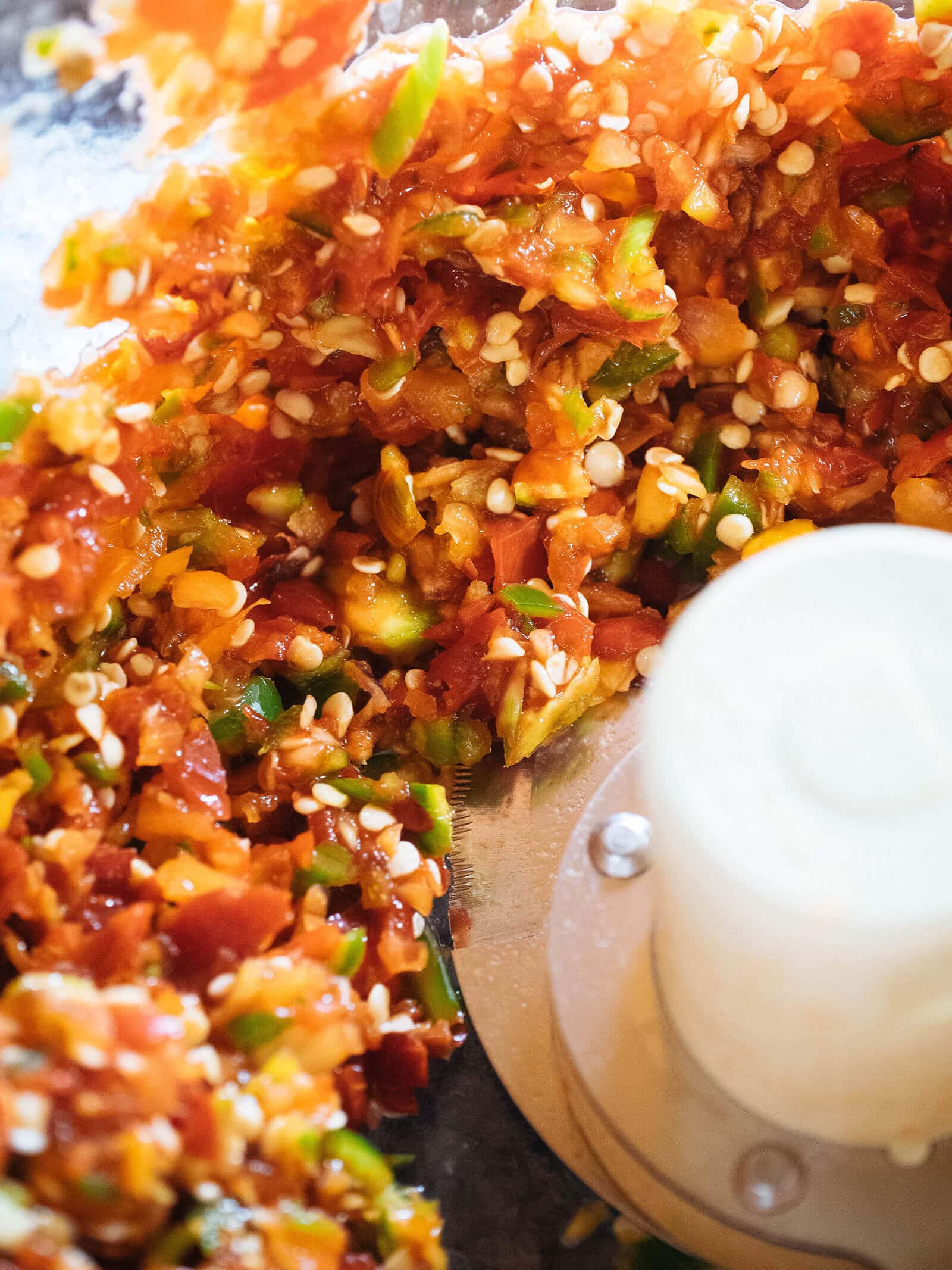 Mixture of hot peppers pulsed in a food processor