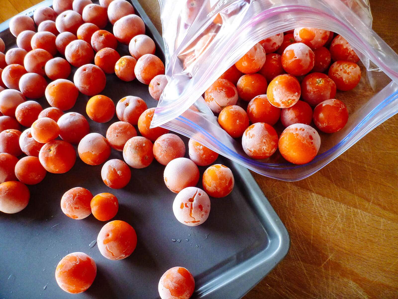 Sheet pan of frozen whole cherry tomatoes next to a Ziploc bag of frozen tomatoes