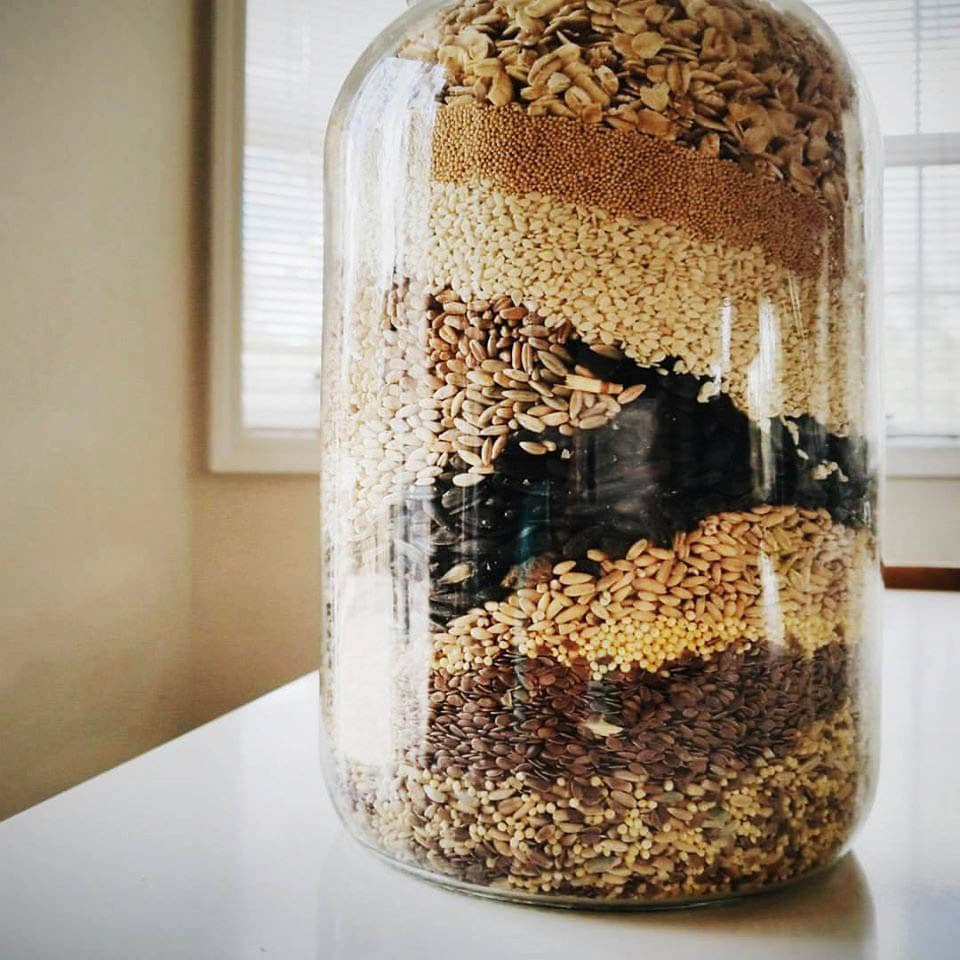 Homemade whole grain chicken feed in a jar